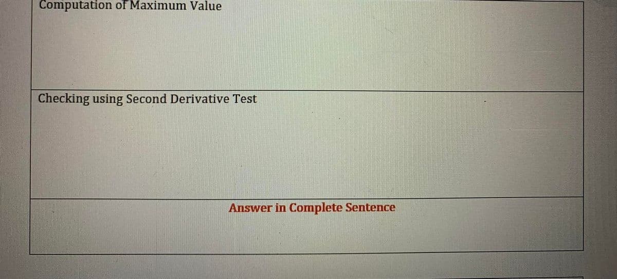 Computation of Maximum Value
Checking using Second Derivative Test
Answer in Complete Sentence
