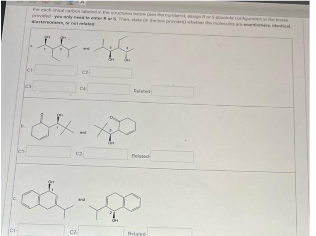 C1-
For each chiral carbon labeled in the structures below (see the numbers), assign Ror S absolute configuration in the boxes
provided you only need to enter R or S. Then, state (in the box provided) whether the molecules are enantiomers, identical,
diastereomers, or not related.
48-49
C1-
C1-
C3-
OH
C2-
C4-
C2-
and
C2-
and
OH
OH
OH
Related-
Related
Related-