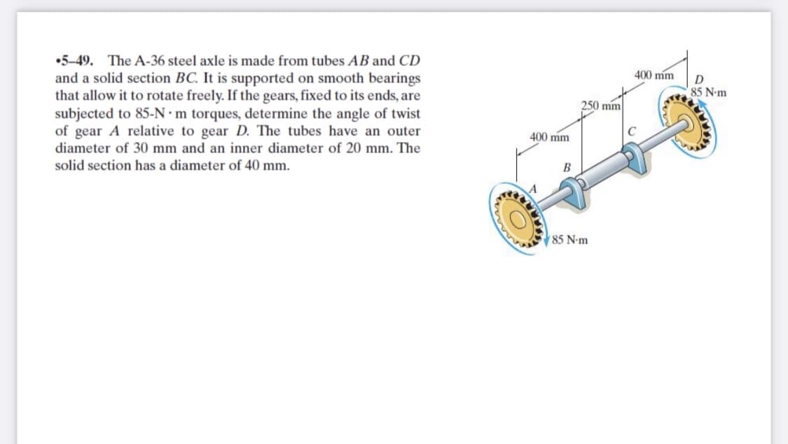 •5-49. The A-36 steel axle is made from tubes AB and CD
400 mm
D
85 N-m
and a solid section BC. It is supported on smooth bearings
that allow it to rotate freely. If the gears, fixed to its ends, are
subjected to 85-N•m torques, determine the angle of twist
of gear A relative to gear D. The tubes have an outer
diameter of 30 mm and an inner diameter of 20 mm. The
250 mm
400 mm
solid section has a diameter of 40 mm.
W 85 N-m
