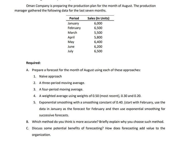 Oman Company is preparing the production plan for the month of August. The production
manager gathered the following data for the last seven months.
Period
Sales (In Units)
6,000
January
February
6,500
March
5,500
April
5,800
May
6,400
June
6,200
July
6,500
Required:
A. Prepare a forecast for the month of August using each of these approaches:
1. Naïve approach
2. A three-period moving average.
3. A four-period moving average.
4. A weighted average using weights of 0.50 (most recent), 0.30 and 0.20.
5. Exponential smoothing with a smoothing constant of 0.40. (start with February, use the
data in January as the forecast for February and then use exponential smoothing for
successive forecasts.
B. Which method do you think is more accurate? Briefly explain why you choose such method.
C. Discuss some potential benefits of forecasting? How does forecasting add value to the
organization.
