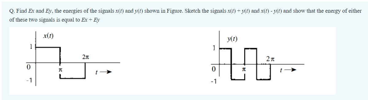 Q. Find Ex and Ey, the energies of the signals x(t) and y(f) shown in Figure. Sketch the signals x(t) + y(t) and x(t) - y(t) and show that the energy of either
of these two signals is equal to Ex + Ey
x(1)
y(t)
1
1
2n
-1
-1
