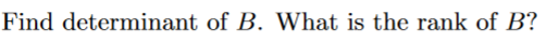 Find determinant of B. What is the rank of B?
