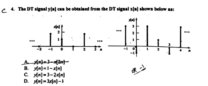 C4. The DT signal y[n] can be obtained from the DT signal x[n] shown below as:
AU
x[n]
Ay[n]-3-[2]
B. y[n] 1-x[n]
C. y[n]-3-2x[n]
D. yn] =3x[n]-}
-1 0
2X -1