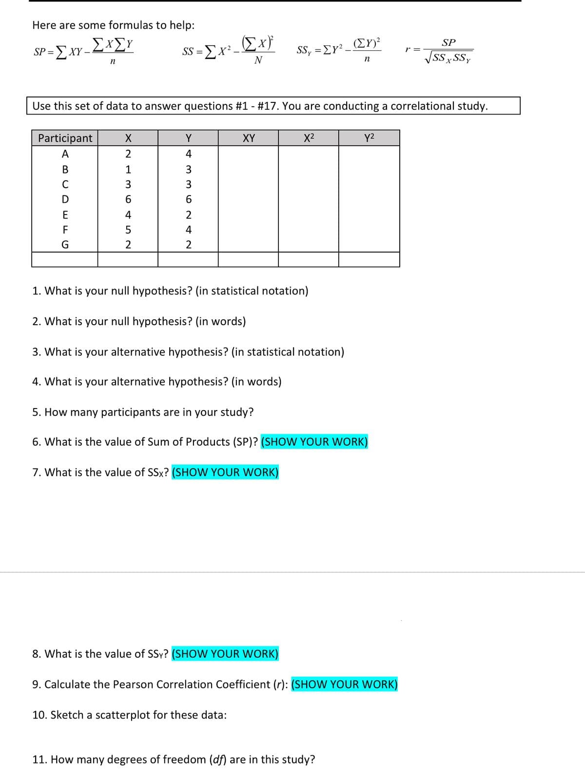 Here are some formulas to help:
-ΣΧΣΥ
Ex}
SP
-ΣΧ.
SS-Σx: -
N
r =
SP =
SS, =Er? _ (EY)²
%3D
SSx SSy
n
n
X
Use this set of data to answer questions #1 - #17. You are conducting a correlational study.
Participant
Y
XY
X2
Y2
A
4
В
1
3
C
3
3
6.
6.
4
F
4
G
2
1. What is your null hypothesis? (in statistical notation)
2. What is your null hypothesis? (in words)
3. What is your alternative hypothesis? (in statistical notation)
4. What is your alternative hypothesis? (in words)
5. How many participants are in your study?
6. What is the value of Sum of Products (SP)? (SHOW YOUR WORK)
7. What is the value of SSx? (SHOW YOUR WORK)
8. What is the value of SSy? (SHOW YOUR WORK)
9. Calculate the Pearson Correlation Coefficient (r): (SHOW YOUR WORK)
10. Sketch a scatterplot for these data:
11. How many degrees of freedom (df) are in this study?
