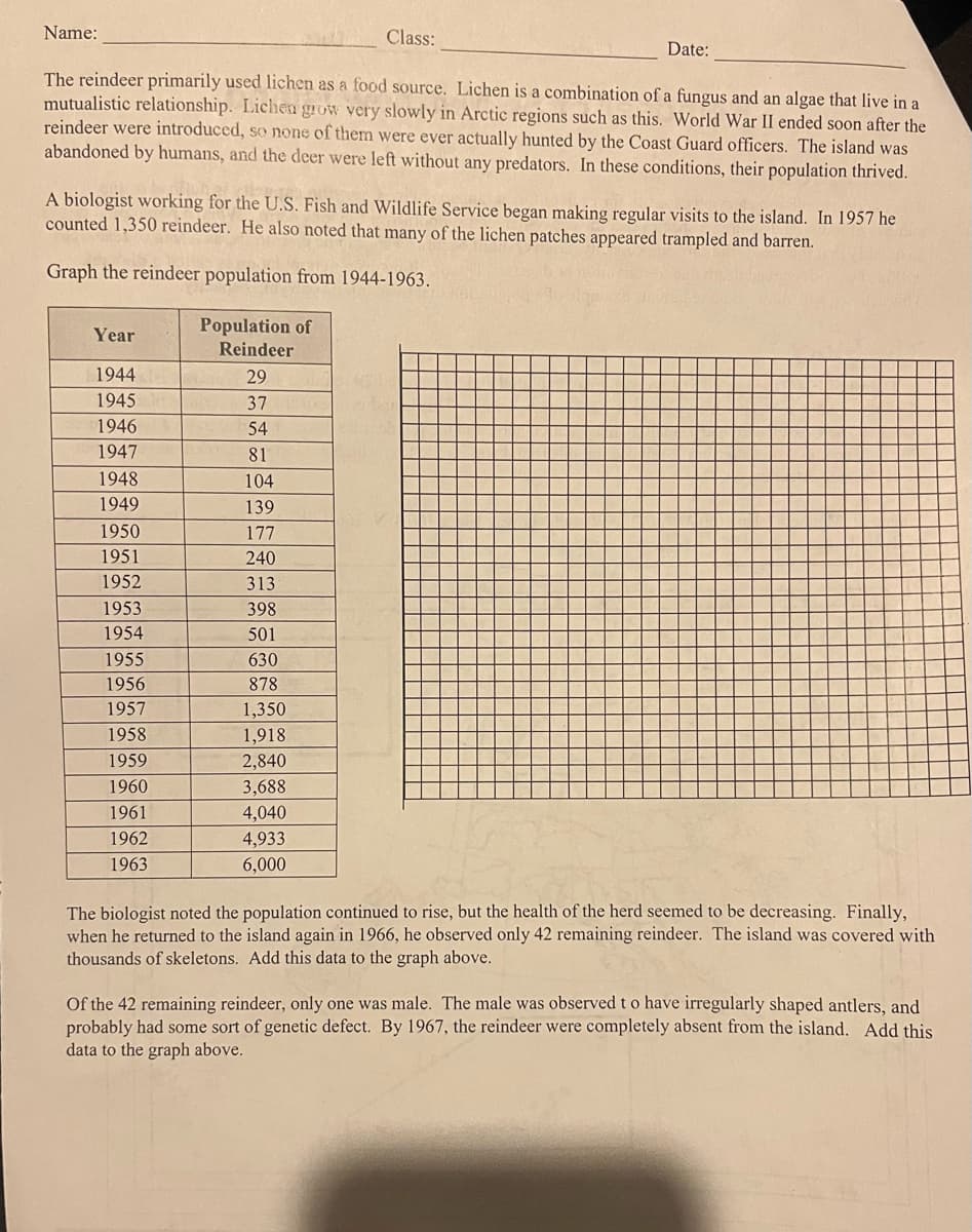 Name:
The reindeer primarily used lichen as a food source. Lichen is a combination of a fungus and an algae that live in a
mutualistic relationship. Lichen grow very slowly in Arctic regions such as this. World War II ended soon after the
reindeer were introduced, so none of them were ever actually hunted by the Coast Guard officers. The island was
abandoned by humans, and the deer were left without any predators. In these conditions, their population thrived.
Year
A biologist working for the U.S. Fish and Wildlife Service began making regular visits to the island. In 1957 he
counted 1,350 reindeer. He also noted that many of the lichen patches appeared trampled and barren.
Graph the reindeer population from 1944-1963.
1944
1945
1946
1947
1948
1949
1950
1951
1952
1953
1954
1955
1956
1957
1958
1959
1960
1961
1962
1963
Population of
Reindeer
29
37
54
81
104
Class:
139
177
240
313
398
501
630
878
1,350
Date:
1,918
2,840
3,688
4,040
4,933
6,000
The biologist noted the population continued to rise, but the health of the herd seemed to be decreasing. Finally,
when he returned to the island again in 1966, he observed only 42 remaining reindeer. The island was covered with
thousands of skeletons. Add this data to the graph above.
Of the 42 remaining reindeer, only one was male. The male was observed to have irregularly shaped antlers, and
probably had some sort of genetic defect. By 1967, the reindeer were completely absent from the island. Add this
data to the graph above.