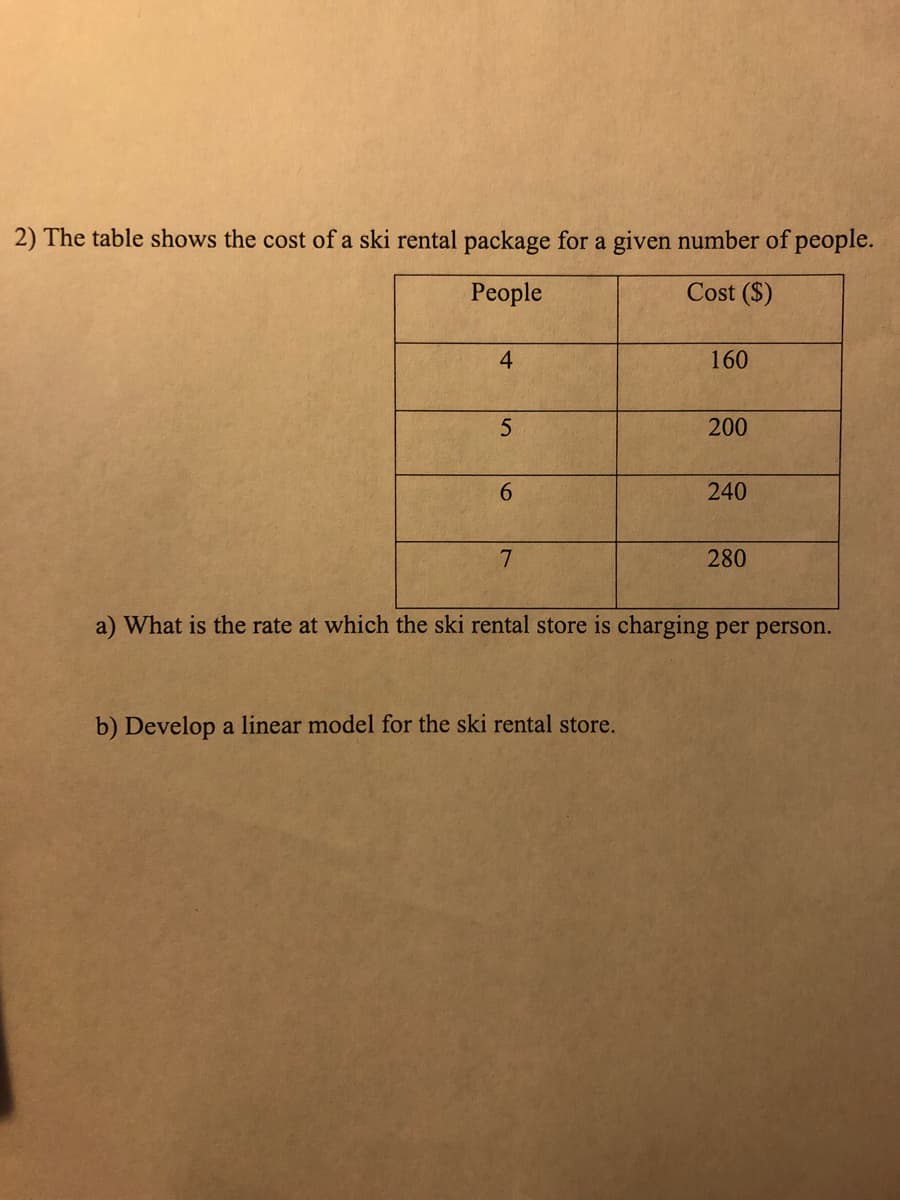 2) The table shows the cost of a ski rental package for a given number of people.
People
Cost ($)
4
5
6
7
160
b) Develop a linear model for the ski rental store.
200
240
280
a) What is the rate at which the ski rental store is charging per person.