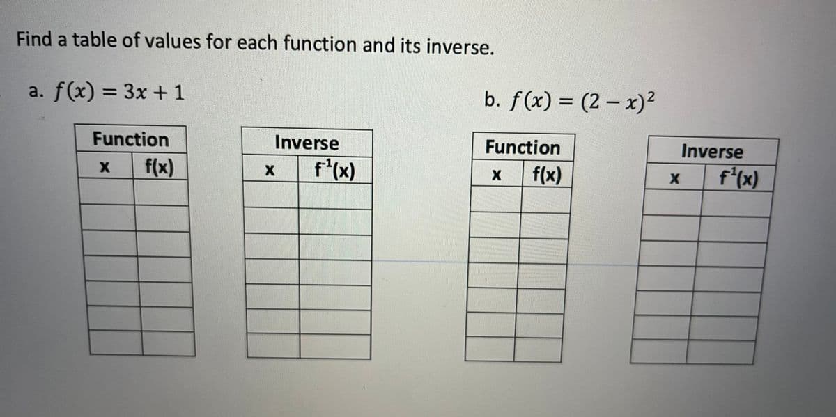 **Finding a Table of Values for Each Function and Its Inverse**

This exercise involves two functions, each with corresponding tables to fill in with values for the function and its inverse.

**a. Function \( f(x) = 3x + 1 \)**

*Function Table:*
- Two columns labeled "x" and "f(x)"
- Five rows for input values and their respective outputs for the function

*Inverse Table:*
- Two columns labeled "x" and "f⁻¹(x)"
- Five rows for input values and their respective outputs for the inverse of the function

**b. Function \( f(x) = (2 - x)^2 \)**

*Function Table:*
- Two columns labeled "x" and "f(x)"
- Five rows for input values and their respective outputs for the function

*Inverse Table:*
- Two columns labeled "x" and "f⁻¹(x)"
- Five rows for input values and their respective outputs for the inverse of the function

The goal is to determine the outputs for various inputs based on the given functions and calculate their inverse values as well, filling in the provided tables accordingly.