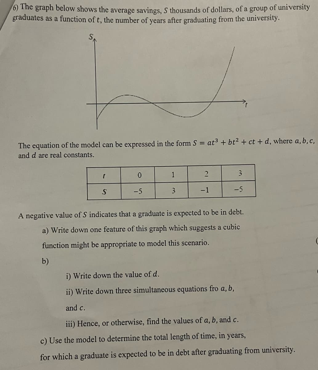 6) The graph below shows the average savings, S thousands of dollars, of a group of university
graduates as a function of t, the number of years after graduating from the university.
The equation of the model can be expressed in the form S = at³ + bt² + ct + d, where a, b, c,
and d are real constants.
1
S
0
-5
1
3
2
-1
3
i) Write down the value of d.
ii) Write down three simultaneous equations fro a, b,
and c.
-5
A negative value of S indicates that a graduate is expected to be in debt.
a) Write down one feature of this graph which suggests a cubic
function might be appropriate to model this scenario.
b)
iii) Hence, or otherwise, find the values of a, b, and c.
c) Use the model to determine the total length of time, in years,
for which a graduate is expected to be in debt after graduating from university.