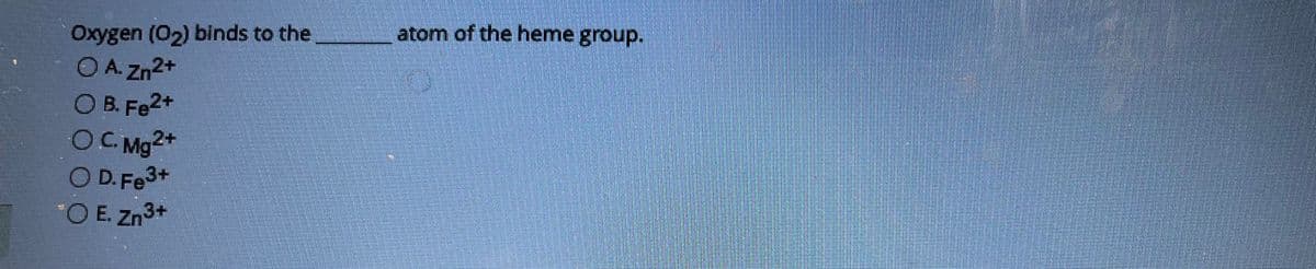 Oxygen (0₂) binds to the
OA. Zn2+
O B. Fe2+
OC. Mg2+
O D. Fe3+
O E. Zn³+
atom of the heme group.