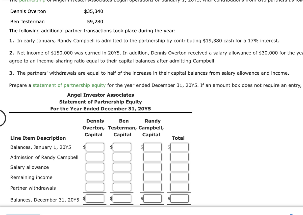 $35,340
Ben Testerman
59,280
The following additional partner transactions took place during the year:
1. In early January, Randy Campbell is admitted to the partnership by contributing $19,380 cash for 17% interest.
Dennis Overton
2. Net income of $150,000 was earned in 20Y5. In addition, Dennis Overton received a salary allowance of $30,000 for the yea
agree to an income-sharing ratio equal to their capital balances after admitting Campbell.
3. The partners' withdrawals are equal to half of the increase in their capital balances from salary allowance and income.
Prepare a statement of partnership equity for the year ended December 31, 20Y5. If an amount box does not require an entry,
Angel Investor Associates
Statement of Partnership Equity
For the Year Ended December 31, 20Y5
Line Item Description
Balances, January 1, 20Y5
Admission of Randy Campbell
Salary allowance
Remaining income
Partner withdrawals
Balances, December 31, 20Y5
Dennis
Ben
Randy
Overton, Testerman, Campbell,
Capital
Capital
Capital
$
Total