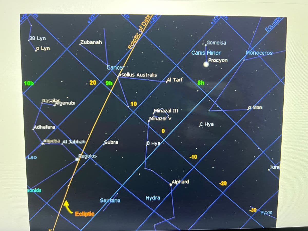 ch
38 Lyn
10h
a Lyn
Adhafera
Leo
Rasalafgenubi
eonids
430
Zubanah
Algieba Al Jabhah
20 9h
Regulus
Cancer
Ecliptic
Subra
ch
Asellus Australis
Sextans
420
Ecliptic of Date
10
Minazal III
Al Tarf
Minazal v
8 Hya
Hydra
Alphard
Gomeisa
Canis Minor
Procyon
-10
8h.
h
,C Hya
Monoceros
a Mon
Equato
30
Turei
Pyxis