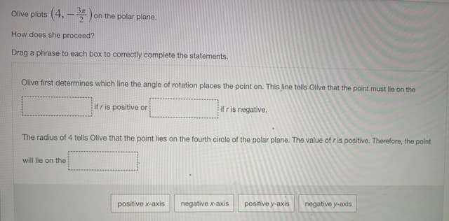 Olive plots (4,-).
on the polar plane.
How does she proceed?
Drag a phrase to each box to correctly complete the statements.
Olive first determines which line the angle of rotation places the point on. This line tells Olive that the point must lie on the
if r is positive or
if r is negative.
The radius of 4 tells Olive that the point lies on the fourth circle of the polar plane. The value of ris positive. Therefore, the point
will lie on the
positive x-axis
negative x-axis
positive y-axis
negative y-axis
