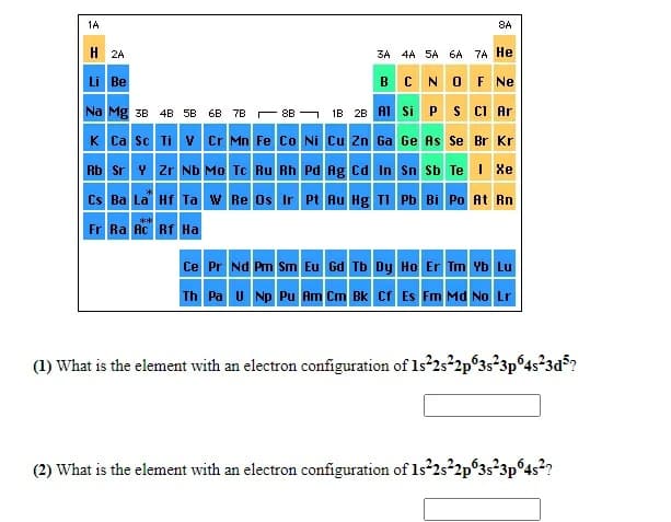 1A
8A
H 2A
3A 4A 5A 6A 7A He
Li Be
CNO F Ne
Na Mg 3B 4B 5B 6B 7B 8B - 1B 2B AI Si P S CI Ar
K Ca sc Ti v Cr Mn Fe Co Ni Cu Zn Ga Ge As Se Br Kr
Rb Sr Y Zr Nb Mo Tc Ru Rh Pd Ag cd In Sn Sb Te I Xe
Cs Ba La Hf Ta w Re Os Ir Pt Au Hg TI Pb Bi Po At Rn
Fr Ra Ac Rf Ha
**
Ce Pr Nd Pm Sm Eu Gd Tb Dy Ho Er Tm Yb Lu
Th Pa u Np Pu Am Cm Bk Cf Es Fm Md No Lr
(1) What is the element with an electron configuration of 1s 25 2p°3s²3p°4s²3d°?
(2) What is the element with an electron configuration of 1s²25²2p°3s²3p°4s²?
