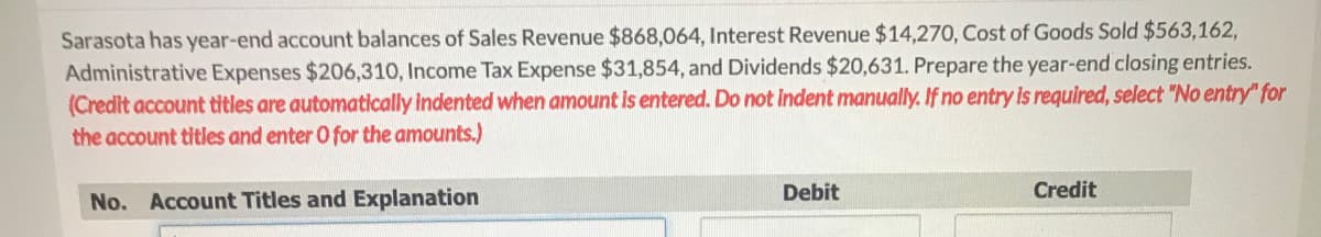 Sarasota has year-end account balances of Sales Revenue $868,064, Interest Revenue $14,27O, Cost of Goods Sold $563,162,
Administrative Expenses $206,310, Income Tax Expense $31,854, and Dividends $20,631. Prepare the year-end closing entries.
(Credit account titles are automatically indented when amount is entered. Do not indent manually. If no entry is required, select "No entry" for
the account titles and enter O for the amounts.)
Debit
Credit
No. Account Titles and Explanation
