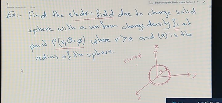 Exir Find the electric field due to charge salid
O lectromagretic Fieids > New Section 1
sphere with
poind P(G,Or$) where rya and (a) is the
redius of the sphere.
a charge dasiy Ss at
uni form
