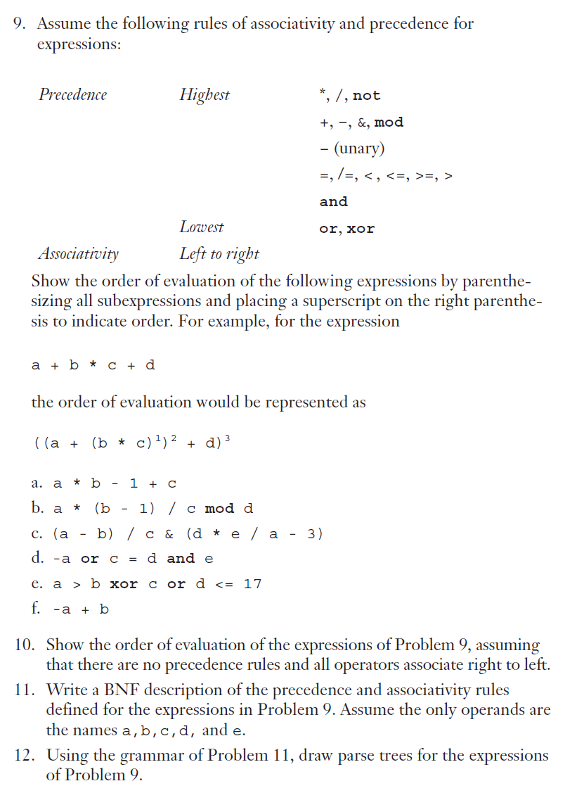 9. Assume the following rules of associativity and precedence for
expressions:
Precedence
Highest
*, /, not
+, -, &, mod
- (unary)
=,/=, <, <=, >=, >
and
Lowest
or, xor
Associativity
Left to right
Show the order of evaluation of the following expressions by parenthe-
sizing all subexpressions and placing a superscript on the right parenthe-
sis to indicate order. For example, for the expression
a
+ b * c + d
the order of evaluation would be represented as
((а +
(b * c)')²
+ d) 3
а. а * b
1 + C
b. a
(b -
1) / с mod d
с. (а
b) / с &
(d
e / а - 3)
d. -a or с
d and e
е. а
> b хоr с or d <- 17
f. -а + b
10. Show the order of evaluation of the expressions of Problem 9, assuming
that there are no precedence rules and all operators associate right to left.
11. Write a BNF description of the precedence and associativity rules
defined for the expressions in Problem 9. Assume the only operands are
the names a,b,c,d, and e.
12. Using the grammar of Problem 11, draw parse trees for the expressions
of Problem 9.
