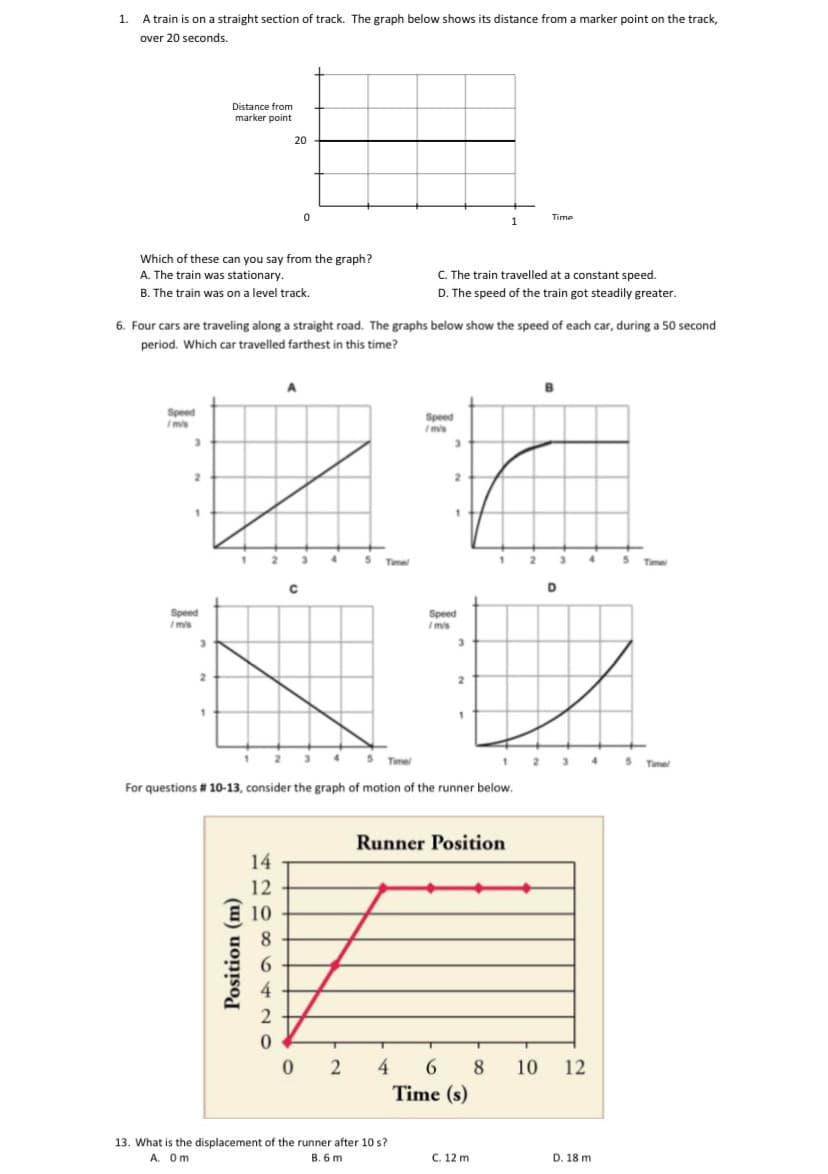 1. A train is on a straight section of track. The graph below shows its distance from a marker point on the track,
over 20 seconds.
Distance from
marker point
20
Time
1
Which of these can you say from the graph?
A. The train was stationary.
C. The train travelled at a constant speed.
B. The train was on a level track.
D. The speed of the train got steadily greater.
6. Four cars are traveling along a straight road. The graphs below show the speed of each car, during a 50 second
period. Which car travelled farthest in this time?
Speed
Imis
Speed
I mis
Time
Time
D
Speed
I mis
Speed
I mis
3.
2.
5
1 2 3
Time
Timel
For questions # 10-13, consider the graph of motion of the runner below.
Runner Position
14
12
10
8
6.
4.
2
0 2
4
6.
8
10
12
Time (s)
13. What is the displacement of the runner after 10 s?
A. Om
B. 6 m
C. 12 m
D. 18 m
Position (m)
