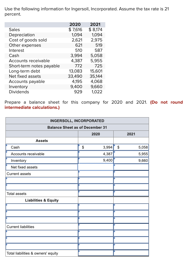 Use the following information for Ingersoll, Incorporated. Assume the tax rate is 21
percent.
Sales
Depreciation
Cost of goods sold
Other expenses
Interest
Cash
Accounts receivable
Short-term notes payable
Long-term debt
Net fixed assets
Accounts payable
Inventory
Dividends
Cash
Accounts receivable
Inventory
Net fixed assets
Current assets
Prepare a balance sheet for this company for 2020 and 2021. (Do not round
intermediate calculations.)
Total assets
Assets
Current liabilities
Liabilities & Equity
2020 2021
$7,616
$8,174
1,094
1,094
2,621
2,975
621
519
510
587
5,058
5,955
725
13,083
15,601
33,490 35,144
4,195 4,068
9,400 9,660
929
1,022
INGERSOLL, INCORPORATED
Balance Sheet as of December 31
2020
Total liabilities & owners' equity
3,994
4,387
772
$
3,994 $
4,387
9,400
2021
5,058
5,955
9,660