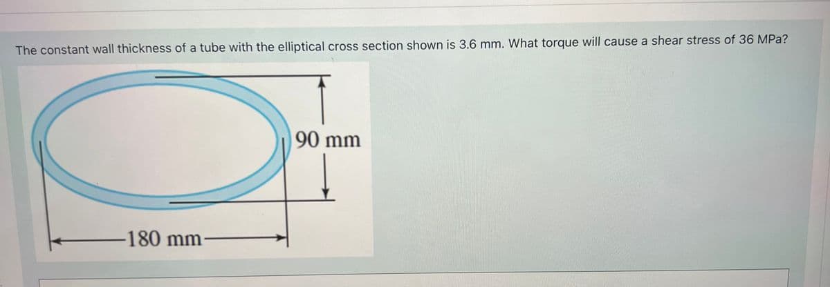 The constant wall thickness of a tube with the elliptical cross section shown is 3.6 mm. What torque will cause a shear stress of 36 MPa?
90 mm
180 mm
