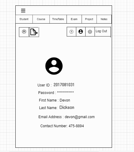 Student
Course
TimeTable
Exam
Project
Notes
Log Out
User ID : 2017081031
Password : *******s
First Name : Devon
Last Name: Dickson
Email Address : devon@gmail.com
Contact Number: 475-8894
