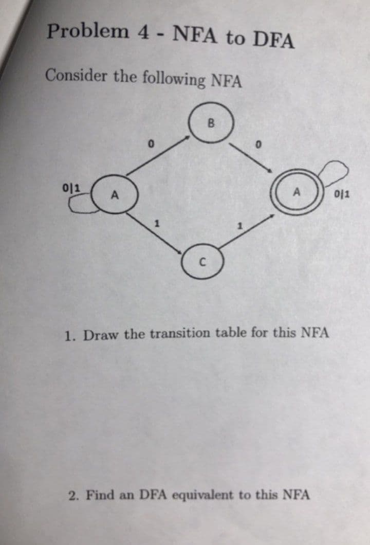 Problem 4 - NFA to DFA
Consider the following NFA
이1
이1
1. Draw the transition table for this NFA
2. Find an DFA equivalent to this NFA
