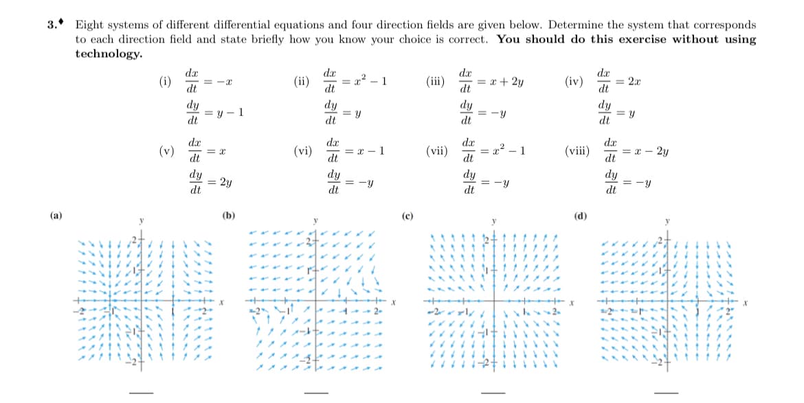 3.* Eight systems of different differential equations and four direction fields are given below. Determine the system that corresponds
to each direction field and state briefly how you know your choice is correct. You should do this exercise without using
technology.
dx
(i)
dt
dx
= x? - 1
dt
dx
= x + 2y
dx
= 2x
dt
= -x
(ii)
(iii)
(iv)
IP
dy
dy
= y – 1
dt
dy
= y
dt
dy
= y
dt
-y
dt
dx
da
dx
da
= x? – 1
dt
2
(v)
(vi)
= x - 1
dt
(vii)
(viii)
= x – 2y
dt
= x
dt
dy
= 2y
dt
dy
dy
dy
= -Y
= -Y
= -y
dt
dt
dt
(a)
(b)
(c)
(d)
y
111
%3.
