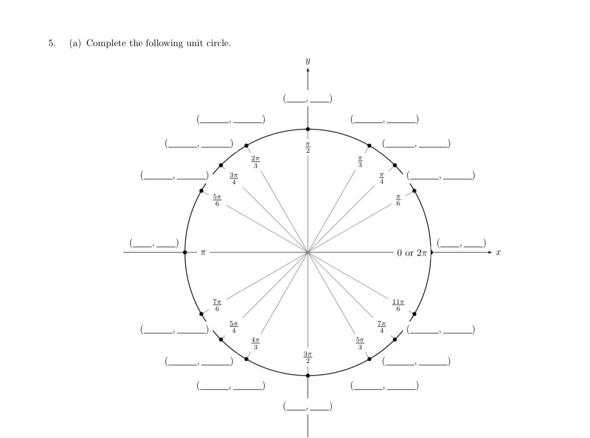 5.
(a) Complete the following unit circle.
0 or 27
11T
6
