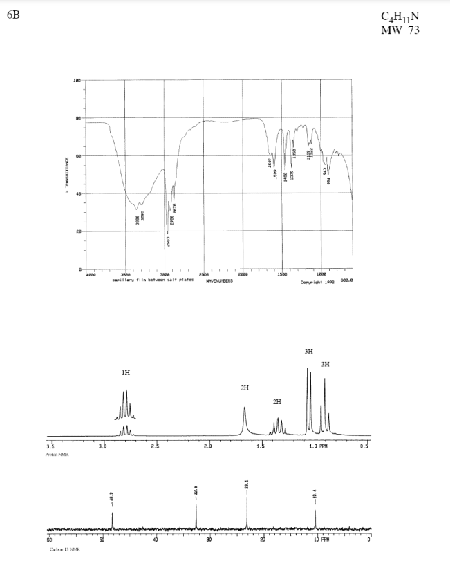 6B
C,H1,N
MW 73
asie
VENUrBERS
capillary filn betueen salt plates
Cori e.e
3H
3H
1H
2H
2H
3.5
2.0
1.0 PPM
0.5
Proton NR
سیل
10 PPM
Caton 13 NMR
