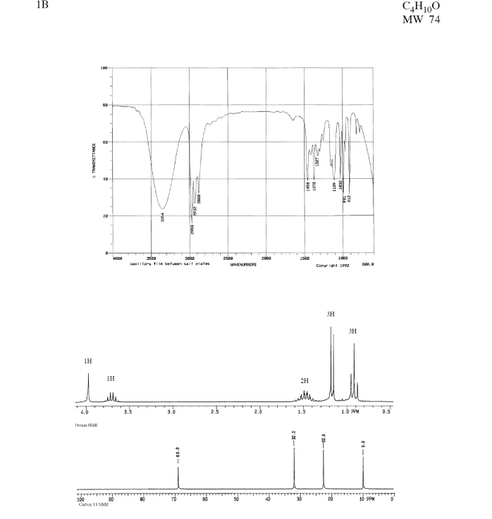 1B
C„H1,0
MW 74
1500
capil lar fiia betveen salt plates
HVENUBERS
Corur ight 192
3H
3H
IH
IH
2H
wlle
witter
3.5
3.0
1.0 PPM
0.5
Pron N
100
Carbos 13 NMR
90
60
50
30
Scer
