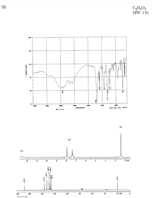 5B
C3H3O2
MW 136
MVENUNBERS
Comriht 19T sea.e
Kr ellet
3H
4H
2 PPN
180
180
140
120
100
20 PPM
Carton 13 NMR
E'
