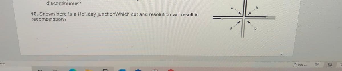 discontinuous?
a
10. Shown here is a Holliday junctionWhich cut and resolution will result in
recombination?
ate
D, Focus
