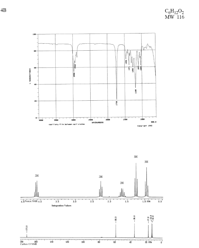 4B
CH1202
MW 116
20
ANJENUMBERS
capillary fi ie betveen salt plates
Canight 1992
3H
3H
2H
2H
2H
Proon NMR 4.0
1.0 PPM
Integration Valus
80
Carbon 13 NMR
180
140
120
100
60
20 PPM
