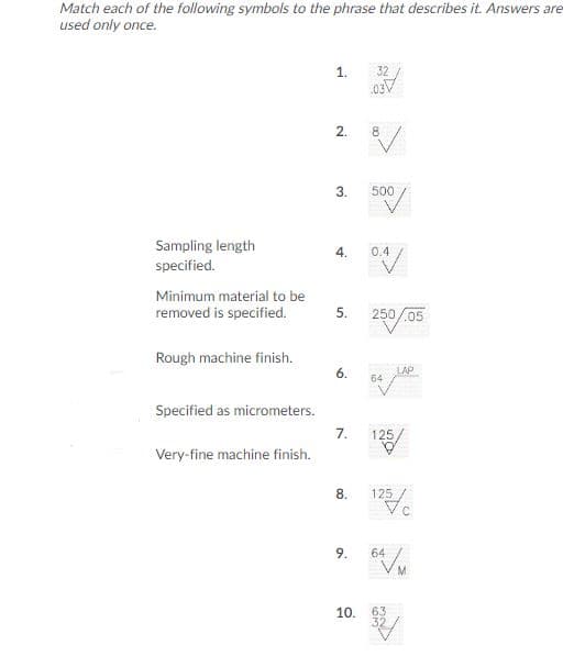 Match each of the following symbols to the phrase that describes it. Answers are
used only once.
32
1.
03V
2.
8
3.
500
Sampling length
pecified.
0.4
4.
Minimum material to be
removed is specified.
250/05
5.
Rough machine finish.
LAP
64
6.
Specified as micrometers.
7.
125
Very-fine machine finish
8.
125
9
64
10, 63
32
