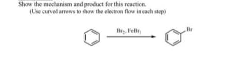 Show the mechanism and product for this reaction.
(Use curved arrows to show the electron flow in each step)
Br₂. FeBry
Br