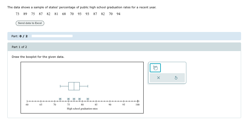 The data shows a sample of states' percentage of public high school graduation rates for a recent year.
73 89 75 87 82 81 68 70 93 93 87 82 70 94
Send data to Excel
Part: 0 / 2
Part 1 of 2
Draw the boxplot for the given data.
60
65
70
75
80
85
90
95
100
High school graduation rates
[S