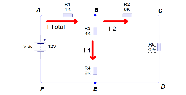 V dc
A
+
F
R1
1K
I Total
12V
R3
4K
R4
2K
B
E
12
R2
6K
R.5
-3K-
C
D