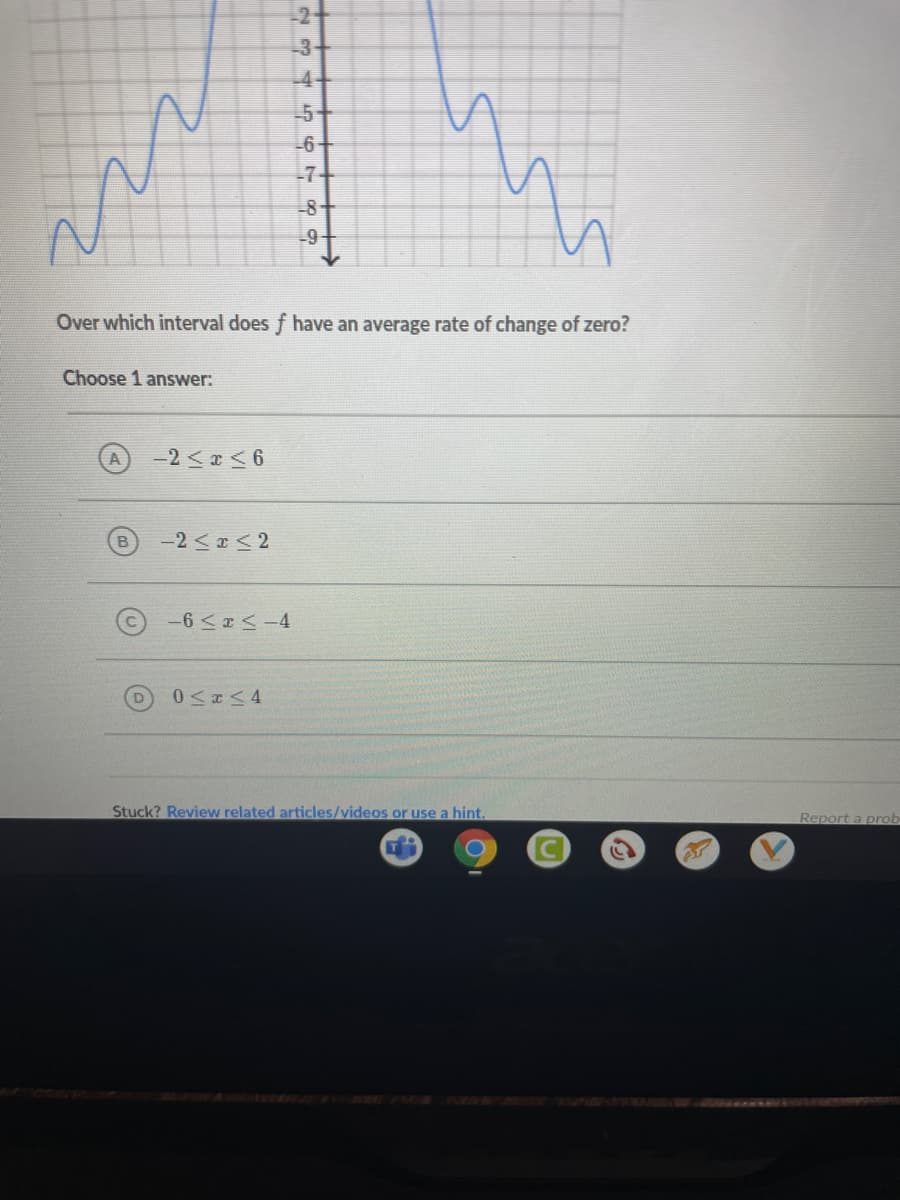 -3-
-4+
-5-
-6-
-7
-8-
-9-
Over which interval does f have an average rate of change of zero?
Choose 1 answer:
-2 <x < 6
B.
-2 <a < 2
-6 <a <-4
Stuck? Review related articles/videos or use a hint.
Report a prob
