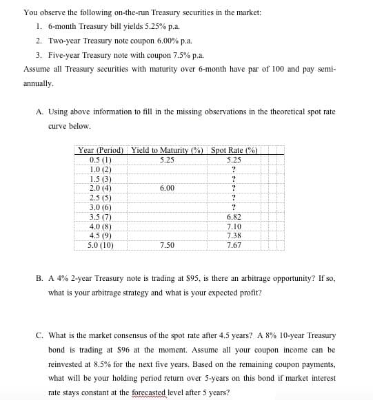 You observe the following on-the-run Treasury securities in the market:
1. 6-month Treasury bill yields 5.25% p.a.
2. Two-year Treasury note coupon 6.00% p.a.
3. Five-year Treasury note with coupon 7.5% p.a.
Assume all Treasury securities with maturity over 6-month have par of 100 and pay semi-
annually.
A. Using above information to fill in the missing observations in the theoretical spot rate
curve below.
Year (Period) Yield to Maturity (%) Spot Rate (%)
0.5 (1)
1.0 (2)
1.5 (3)
2.0 (4)
2.5 (5)
5.25
5.25
6.00
3.0 (6)
3.5 (7)
6.82
4.0 (8)
4.5 (9)
5.0 (10)
7.10
7.38
7.50
7.67
B. A 4% 2-year Treasury note is trading at $95, is there an arbitrage opportunity? If so,
what is your arbitrage strategy and what is your expected profit?
C. What is the market consensus of the spot rate after 4.5 years? A 8% 10-year Treasury
bond is trading at $96 at the moment. Assume all your coupon income can be
reinvested at 8.5% for the next five years. Based on the remaining coupon payments,
what will be your holding period return over 5-years on this bond if market interest
rate stays constant at the forecasted level after 5 years?
inin
