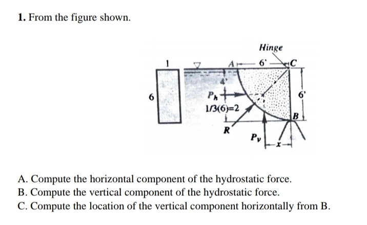 1. From the figure shown.
Hinge
6'-
PA
1/3(6)=2
6.
6'
B
R
Py
A. Compute the horizontal component of the hydrostatic force.
B. Compute the vertical component of the hydrostatic force.
C. Compute the location of the vertical component horizontally from B.
