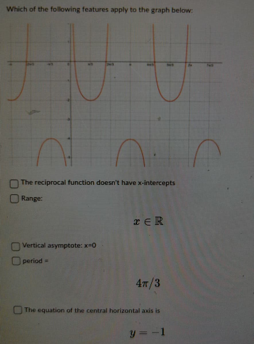 Which of the following features apply to the graph below:
WITH
H
Vertical asymptote: x=0
period =
1
The reciprocal function doesn't have x-intercepts
Range:
TER
4T/3
The equation of the central horizontal axis is
Y
14/3
1
3TH
PHI