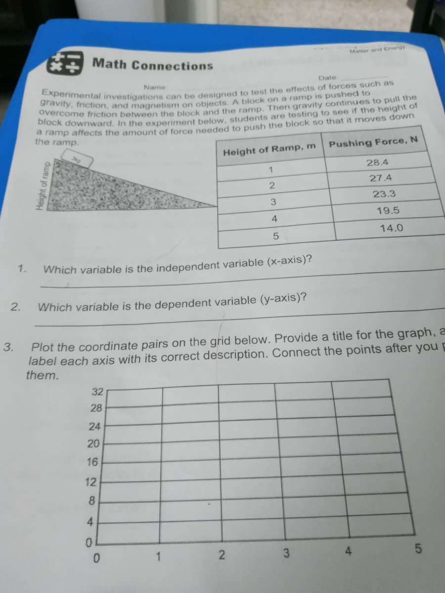 Matter and Energy
Math Connections
Date
Name
Ovey, friction, and magnetism on objects, A block on a ramp is pushed to
blocome friction between the block and the ramp. Then gravity continues to pul the
dlock downward. In the experiment below, students are testing to see if the height of
ramp affects the amount of force needed to push the block so that it moves down
the ramp.
Pushing Force, N
Height of Ramp, m
28.4
27.4
23.3
19.5
14.0
1.
Which variable is the independent variable (x-axis)?
2.
Which variable is the dependent variable (y-axis)?
Plot the coordinate pairs on the grid below. Provide a title for the graph, a
label each axis with its correct description. Connect the points after you g
them.
3.
32
28
24
20
16
12
8
4.
2
3
Height of ram
5
