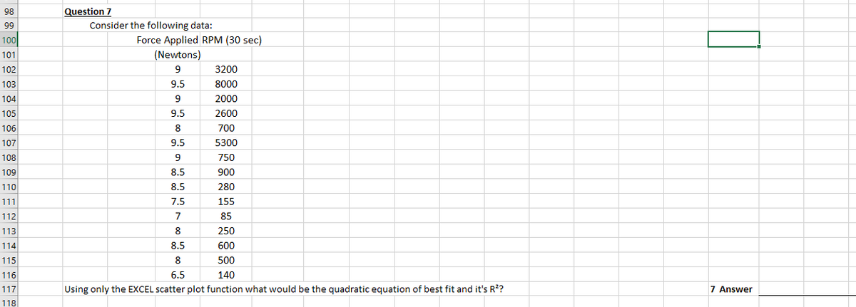 98
Question 7
99
Consider the following data:
100
Force Applied RPM (30 sec)
(Newtons)
101
102
9
3200
103
9.5
8000
104
9
2000
105
9.5
2600
106
8
700
107
9.5
5300
108
9
750
109
8.5
900
110
8.5
280
111
7.5
155
112
7
85
113
8
250
114
8.5
600
115
8
500
116
6.5
140
117
Using only the EXCEL scatter plot function what would be the quadratic equation of best fit and it's R??
7 Answer
118
