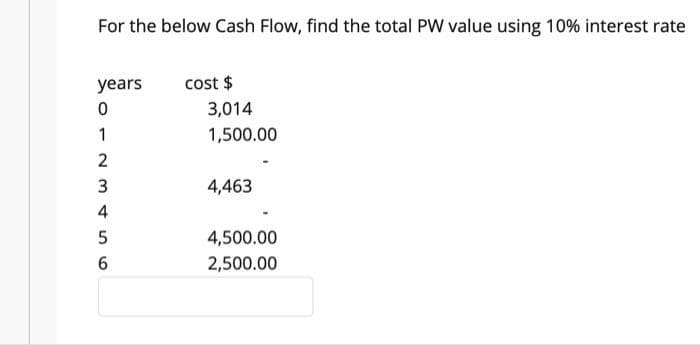 For the below Cash Flow, find the total PW value using 10% interest rate
years
cost $
3,014
1
1,500.00
2
4,463
4
4,500.00
2,500.00
