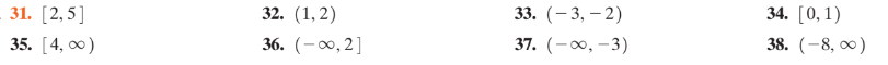 32. (1, 2)
33. (– 3, – 2)
34. [0,1)
31. [2,5]
36. (-00, 2]
37. (— о0, —3)
38. (-8, о0)
35. [4, оо)
