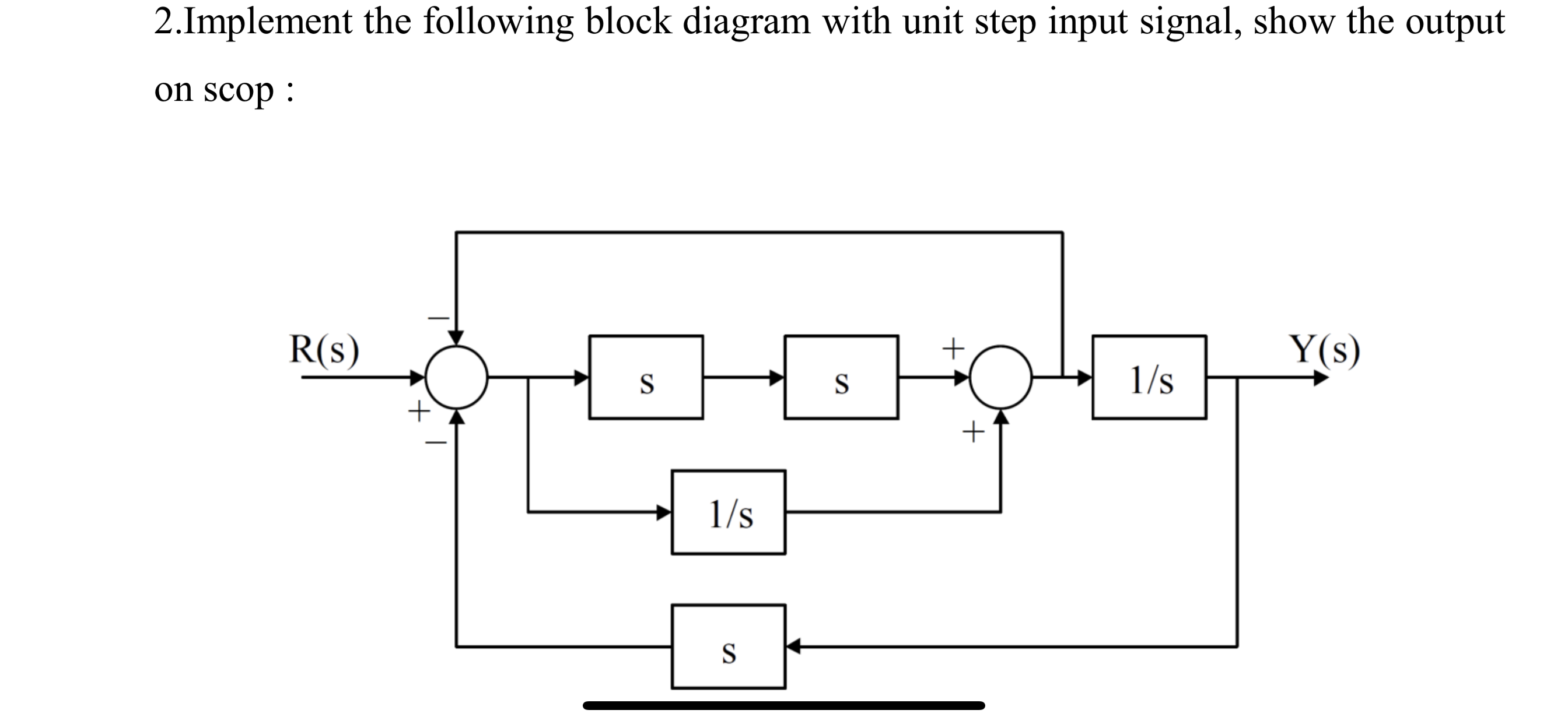 2.Implement the following block diagram with unit step input signal, show the output
on scop :
R(s)
Y(s)
S
S
1/s
1/s
S
