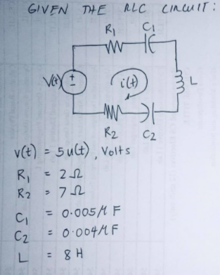 GIVEN THE ALC CIncUll.
RI
R2
C2
v(t) = 5 ult) , Volt s
R1
- 22
R2 > 72
= 0-005A F
= 0:004M F
C2
L
