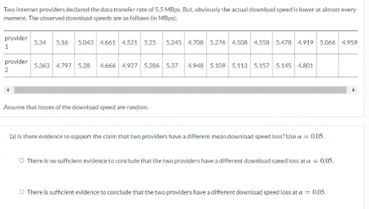 Two Internet providers declared the data transfer rate of 5.5 MBps. But, obviously the actual download speed is lower at almost every
moment. The observed download speeds are as follows (in MBps):
provider
5.34
5.16
5.043 4.661 4.521 5.25
5.245 4.708 5.276 4.508 4.558 5.478 4.919 5.066 4.959
1
provider
5.363 4.797 528
4.666 4.927 5.286 5.37
4.948 5.109 5.113 5.157 5.145 4.801
2
Assume that losses of the download speed are random.
(a) Is there evidence to support the claim that two providers have a different mean download speed loss? Use a = 0.05.
O Thereis no sufficient evidence to conclude that the two providers have a different download speed loss at a = 0.05.
O There is sufficient evidence to conclude that the two providers have a different download speed loss at a = 0.05.
