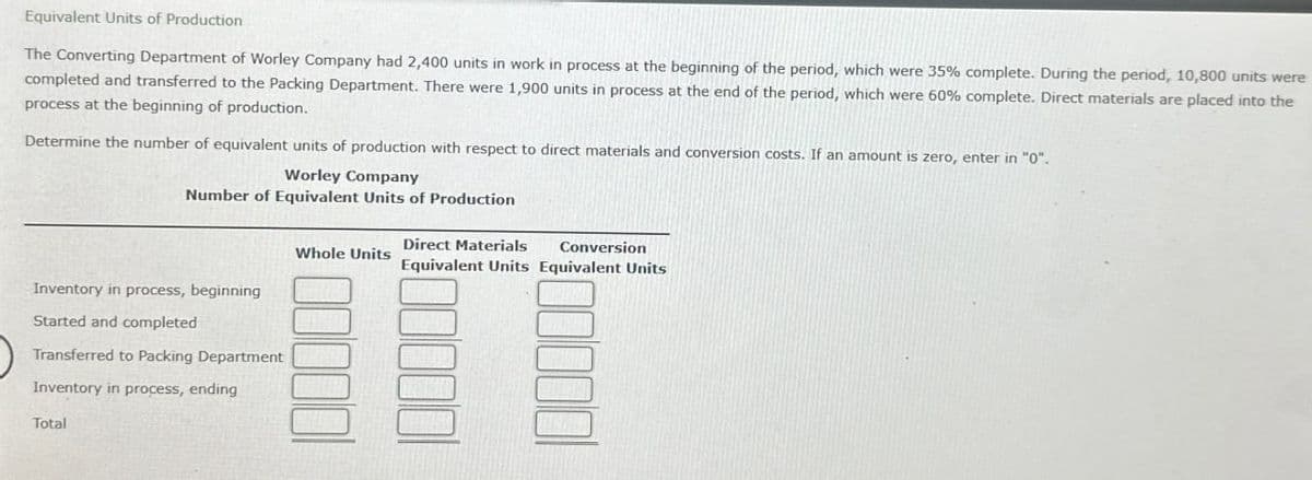 Equivalent Units of Production
The Converting Department of Worley Company had 2,400 units in work in process at the beginning of the period, which were 35% complete. During the period, 10,800 units were
completed and transferred to the Packing Department. There were 1,900 units in process at the end of the period, which were 60% complete. Direct materials are placed into the
process at the beginning of production.
Determine the number of equivalent units of production with respect to direct materials and conversion costs. If an amount is zero, enter in "0".
Worley Company
Number of Equivalent Units of Production
Direct Materials
Conversion
Whole Units
Equivalent Units Equivalent Units
Inventory in process, beginning
Started and completed
Transferred to Packing Department
Inventory in process, ending
Total