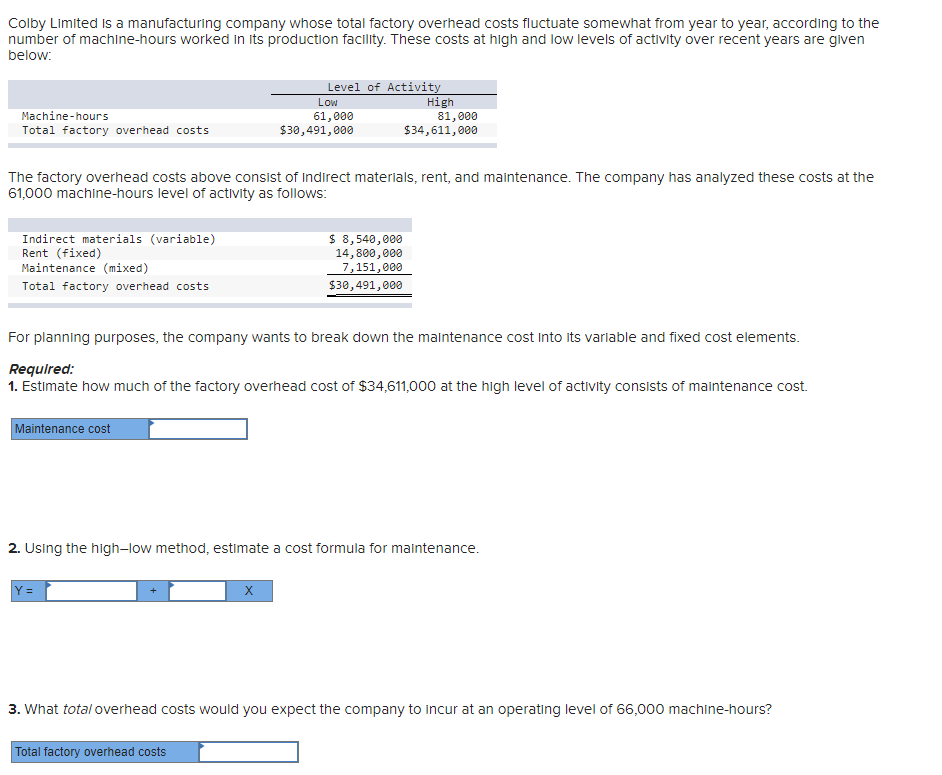 Colby Limited is a manufacturing company whose total factory overhead costs fluctuate somewhat from year to year, according to the
number of machine-hours worked in its production facility. These costs at high and low levels of activity over recent years are given
below:
Machine-hours
Total factory overhead costs
Indirect materials (variable)
Rent (fixed)
Maintenance (mixed)
Total factory overhead costs
The factory overhead costs above consist of Indirect materials, rent, and maintenance. The company has analyzed these costs at the
61,000 machine-hours level of activity as follows:
Maintenance cost
Level of Activity
Low
61,000
$30,491,000
Y=
For planning purposes, the company wants to break down the maintenance cost into its variable and fixed cost elements.
Required:
1. Estimate how much of the factory overhead cost of $34,611,000 at the high level of activity consists of maintenance cost.
High
$ 8,540,000
14,800,000
7,151,000
$30,491,000
X
Total factory overhead costs
81,000
$34,611,000
2. Using the high-low method, estimate a cost formula for maintenance.
3. What total overhead costs would you expect the company to incur at an operating level of 66,000 machine-hours?