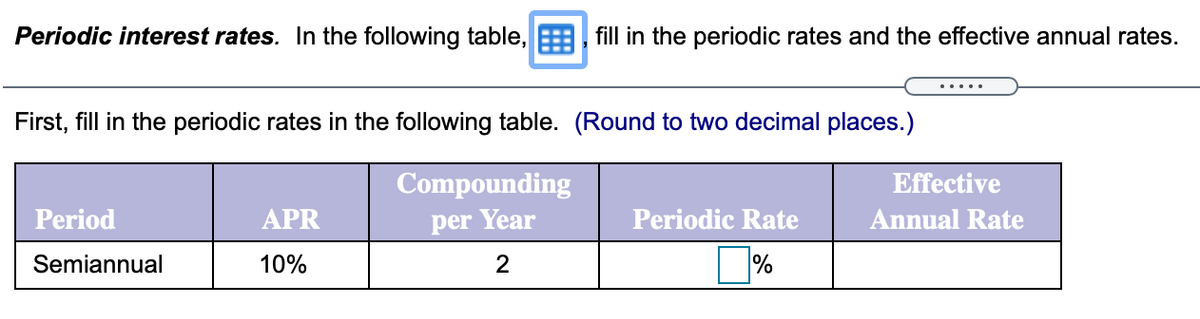 Periodic interest rates. In the following table, fill in the periodic rates and the effective annual rates.
First, fill in the periodic rates in the following table. (Round to two decimal places.)
Compounding
Effective
Period
APR
per Year
Periodic Rate
Annual Rate
Semiannual
10%
2
%
